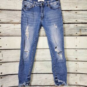KanCan Women’s Distressed Skinny Jeans Size 11/29 Blue Raw Hem